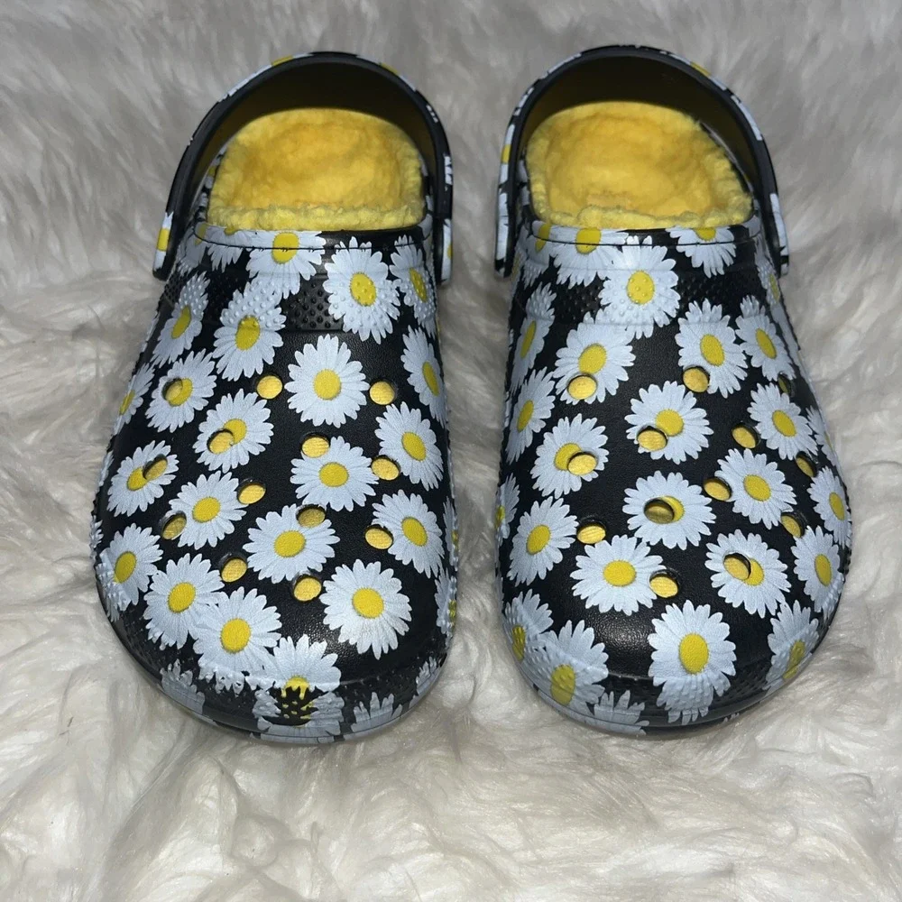 Crocs Classic Clog Shoes Women's 9 Black White Yellow Floral Print Lined Slip On - Picture 3 of 12
